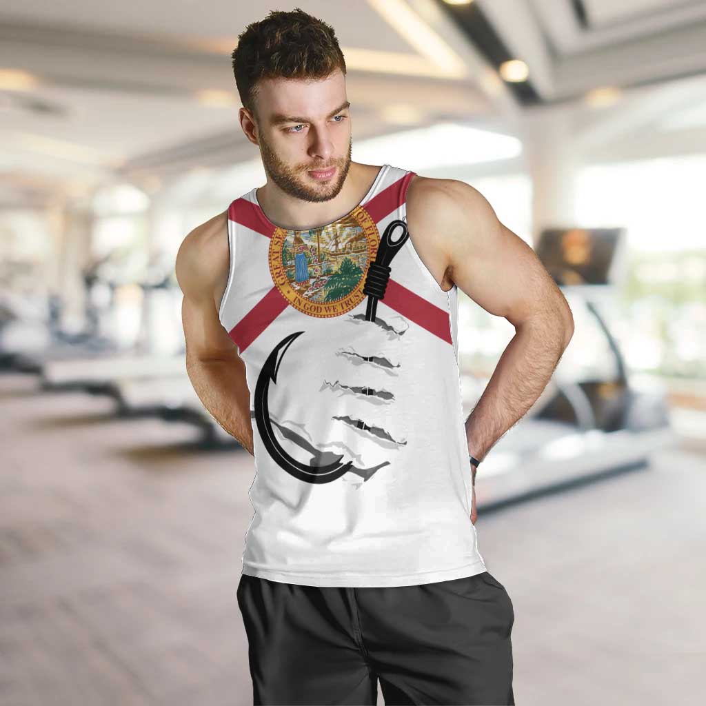 Flag Florida Fishing Men Tank Top Fish Hook Rip Detail and Custom Name Red Accent Design - Wonder Print Shop