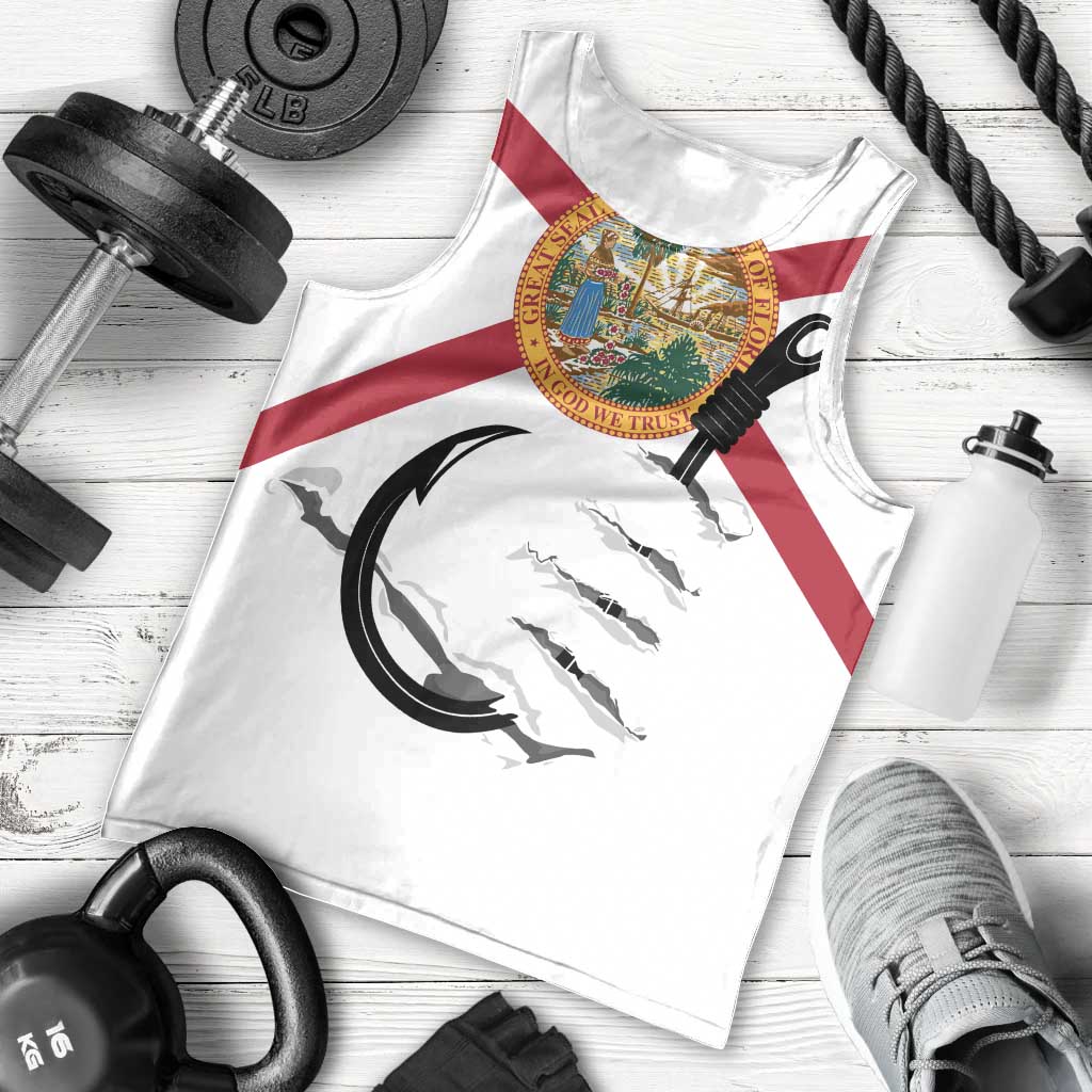 Flag Florida Fishing Men Tank Top Fish Hook Rip Detail and Custom Name Red Accent Design - Wonder Print Shop