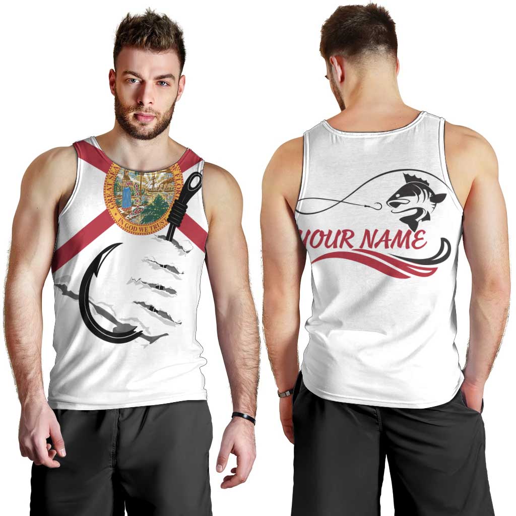 Flag Florida Fishing Men Tank Top Fish Hook Rip Detail and Custom Name Red Accent Design - Wonder Print Shop