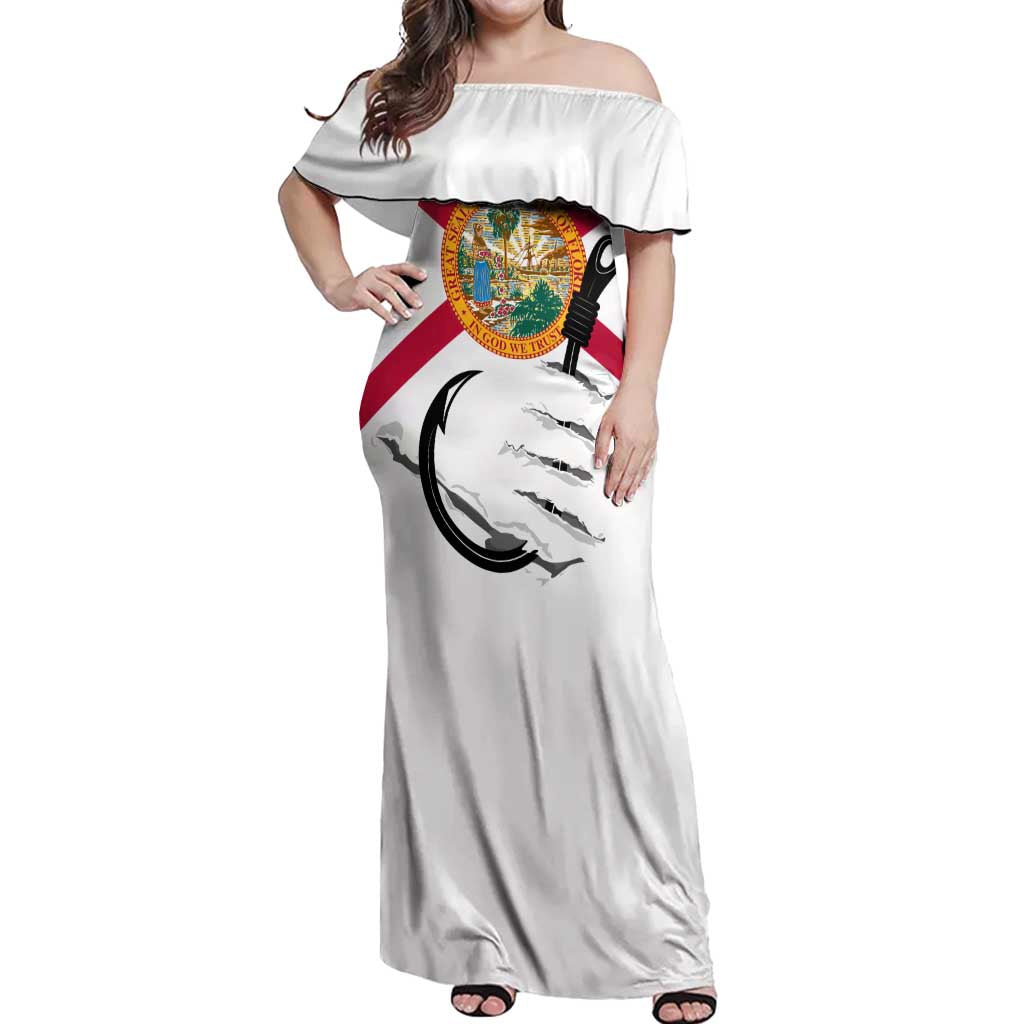 Flag Florida Fishing Off Shoulder Maxi Dress Fish Hook Rip Detail and Custom Name Red Accent Design - Wonder Print Shop