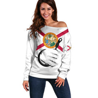 Flag Florida Fishing Off Shoulder Sweater Fish Hook Rip Detail and Custom Name Red Accent Design - Wonder Print Shop