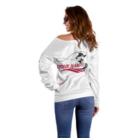 Flag Florida Fishing Off Shoulder Sweater Fish Hook Rip Detail and Custom Name Red Accent Design - Wonder Print Shop