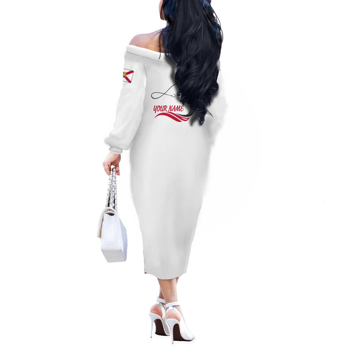 Flag Florida Fishing Off The Shoulder Long Sleeve Dress Fish Hook Rip Detail and Custom Name Red Accent Design - Wonder Print Shop