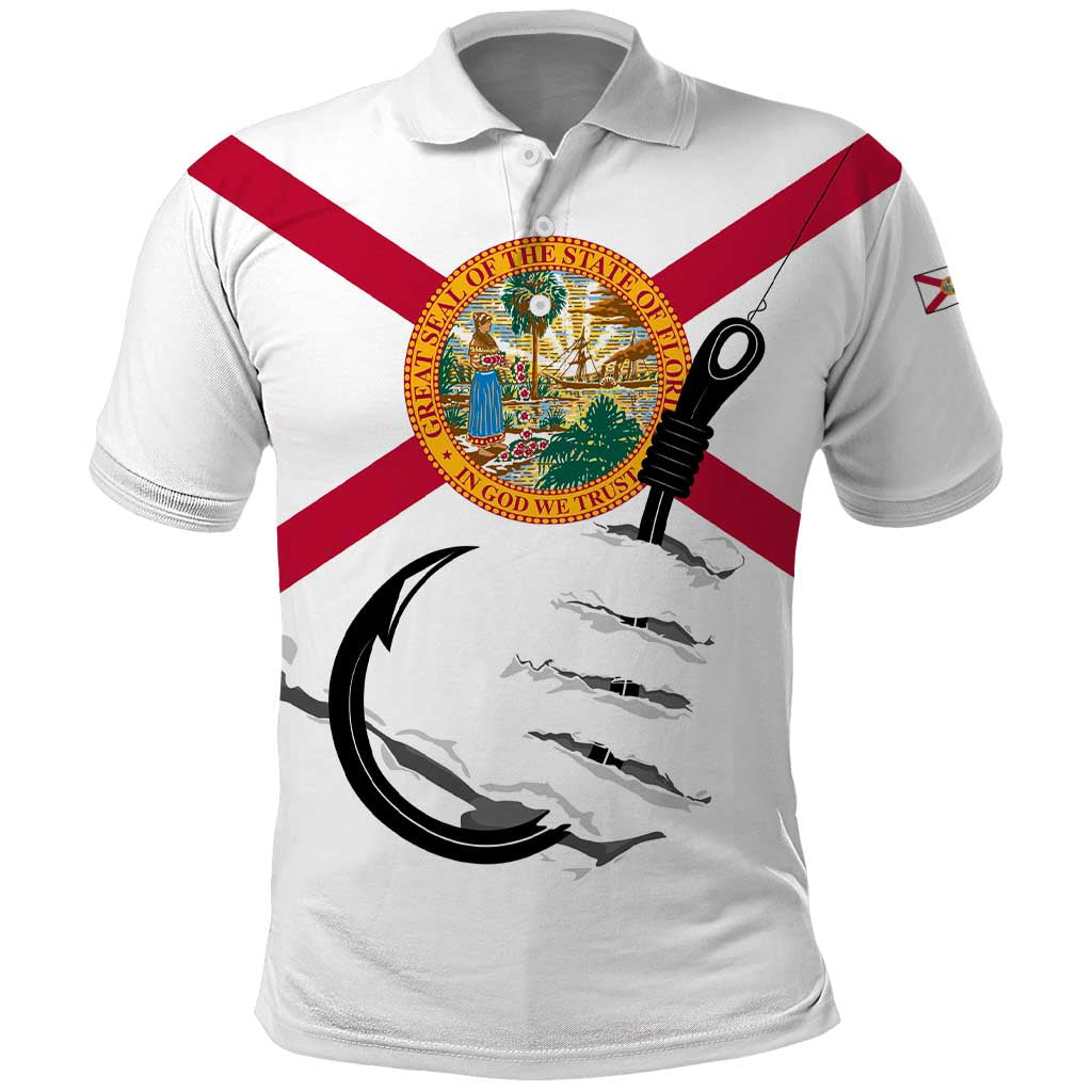 Flag Florida Fishing Polo Shirt Fish Hook Rip Detail and Custom Name Red Accent Design - Wonder Print Shop