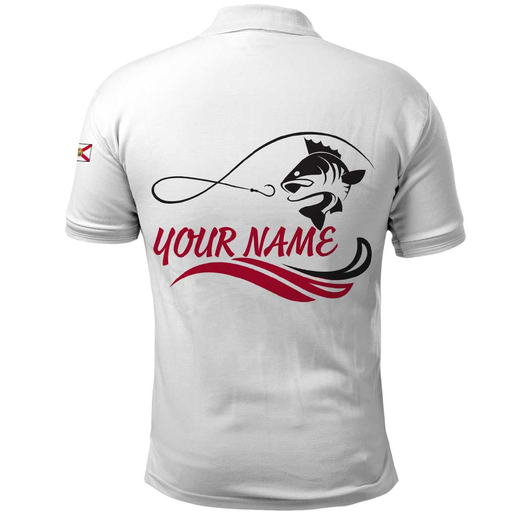 Flag Florida Fishing Polo Shirt Fish Hook Rip Detail and Custom Name Red Accent Design - Wonder Print Shop