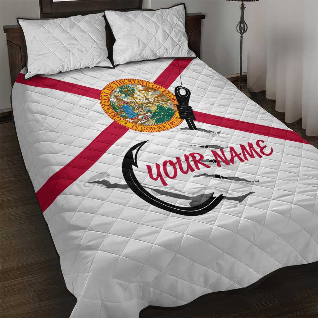 Flag Florida Fishing Quilt Bed Set Fish Hook Rip Detail and Custom Name Red Accent Design - Wonder Print Shop