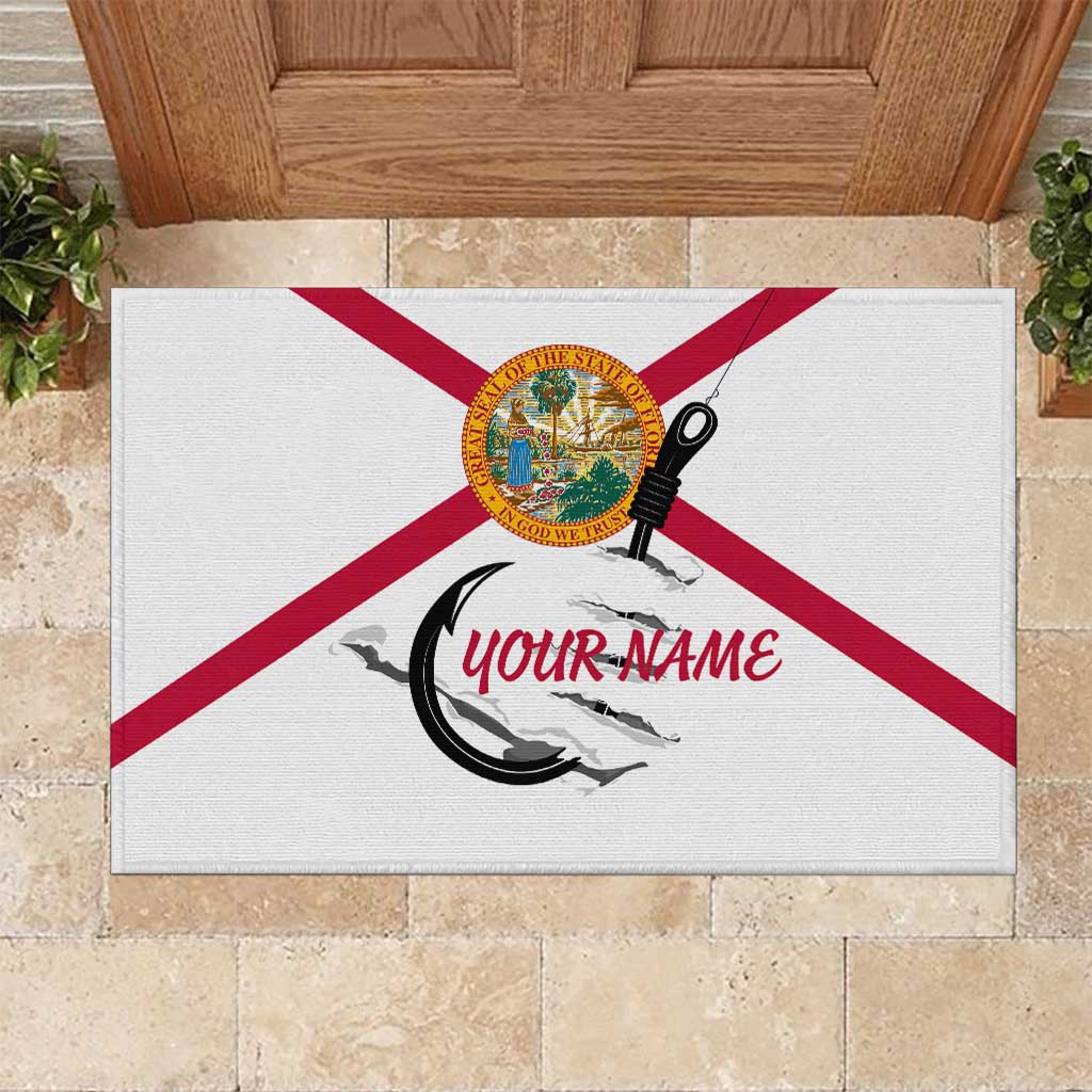 Flag Florida Fishing Rubber Doormat Fish Hook Rip Detail and Custom Name Red Accent Design - Wonder Print Shop