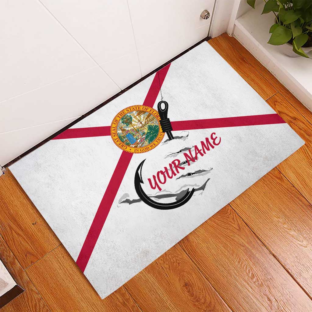 Flag Florida Fishing Rubber Doormat Fish Hook Rip Detail and Custom Name Red Accent Design - Wonder Print Shop
