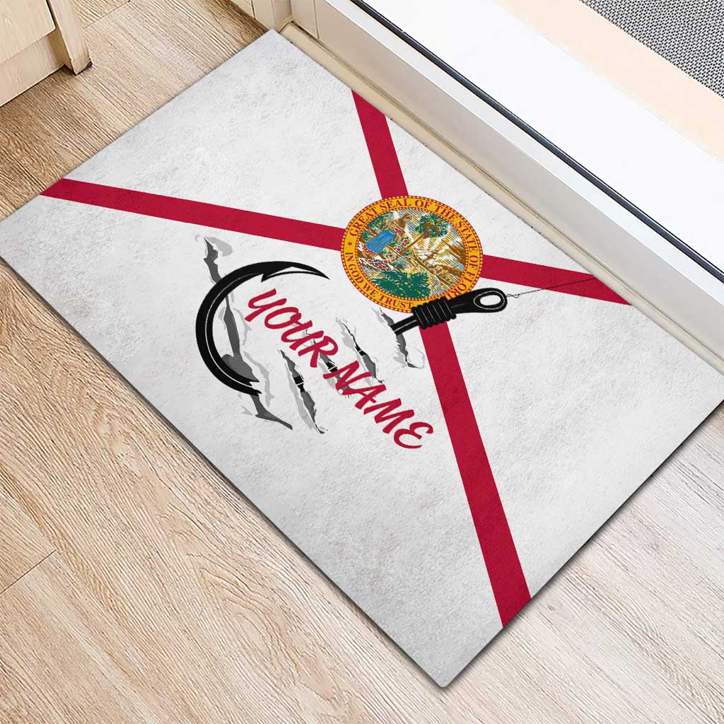 Flag Florida Fishing Rubber Doormat Fish Hook Rip Detail and Custom Name Red Accent Design - Wonder Print Shop