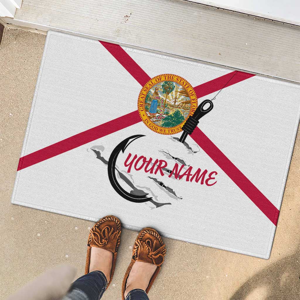 Flag Florida Fishing Rubber Doormat Fish Hook Rip Detail and Custom Name Red Accent Design - Wonder Print Shop