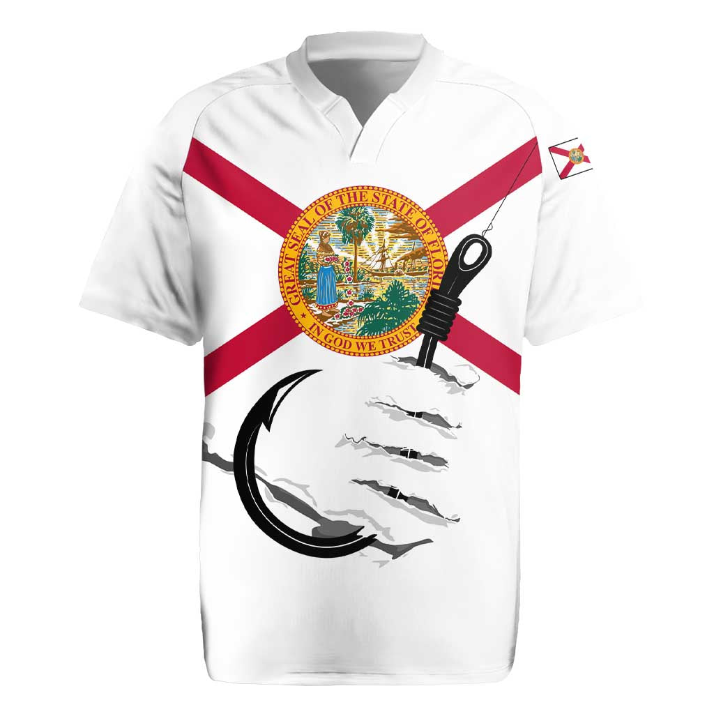 Flag Florida Fishing Rugby Jersey Fish Hook Rip Detail and Custom Name Red Accent Design - Wonder Print Shop