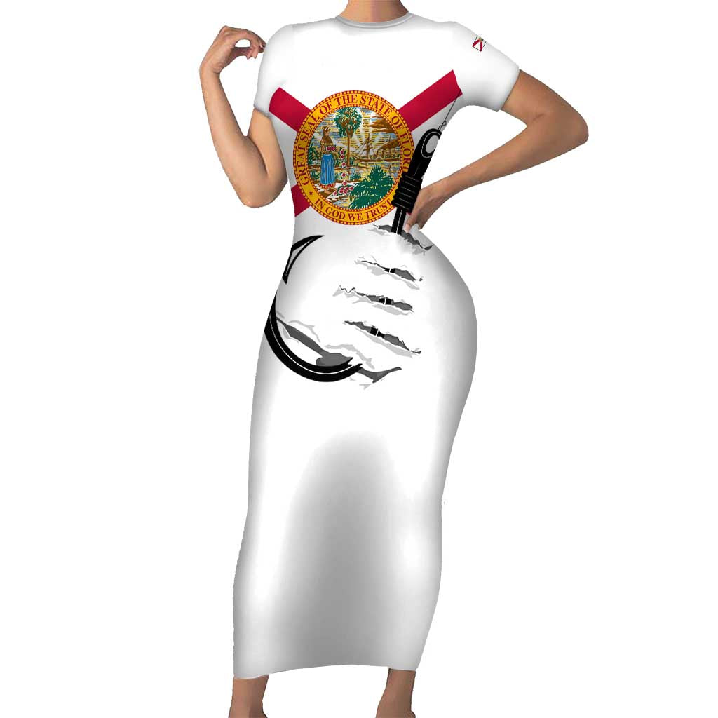 Flag Florida Fishing Short Sleeve Bodycon Dress Fish Hook Rip Detail and Custom Name Red Accent Design - Wonder Print Shop