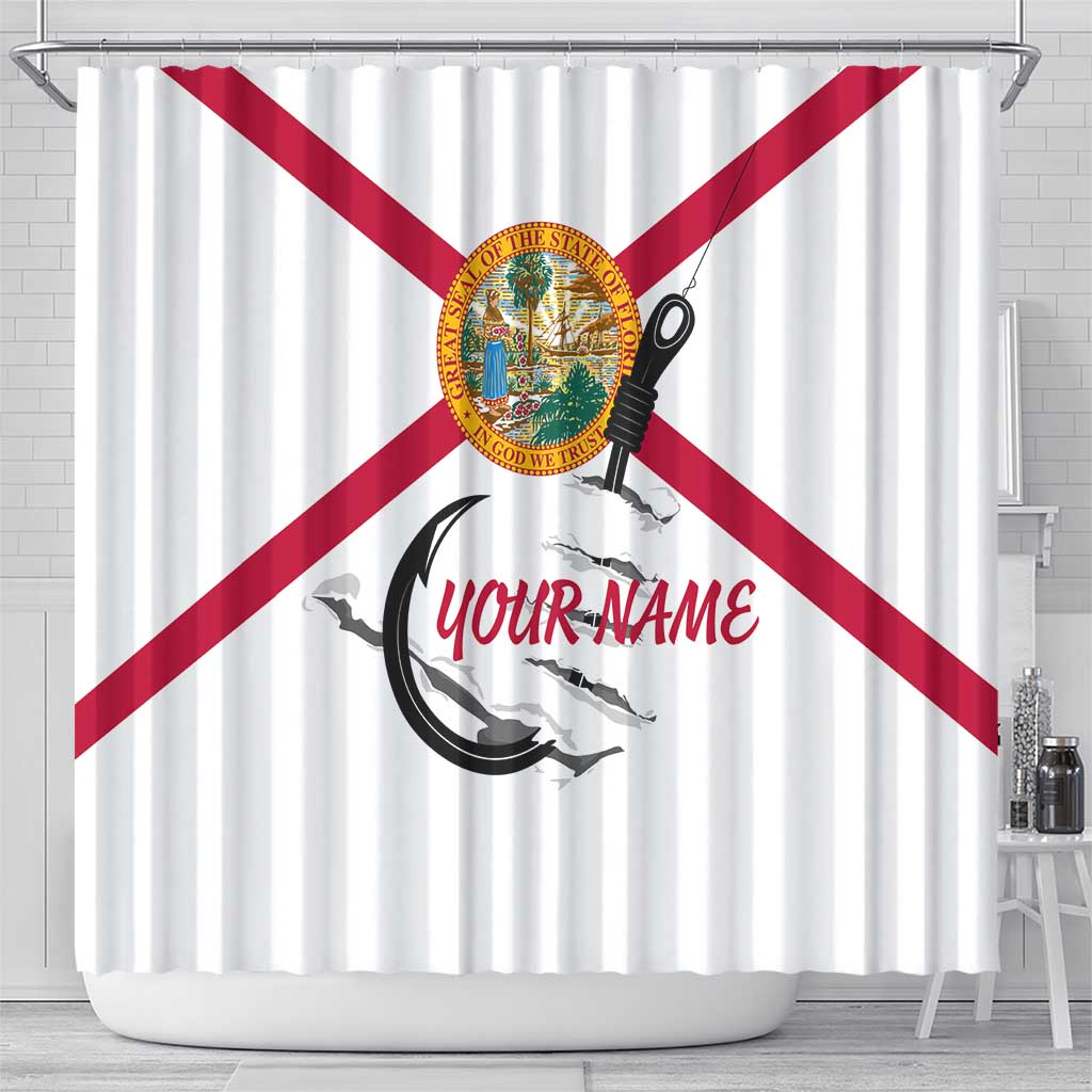 Flag Florida Fishing Shower Curtain Fish Hook Rip Detail and Custom Name Red Accent Design - Wonder Print Shop