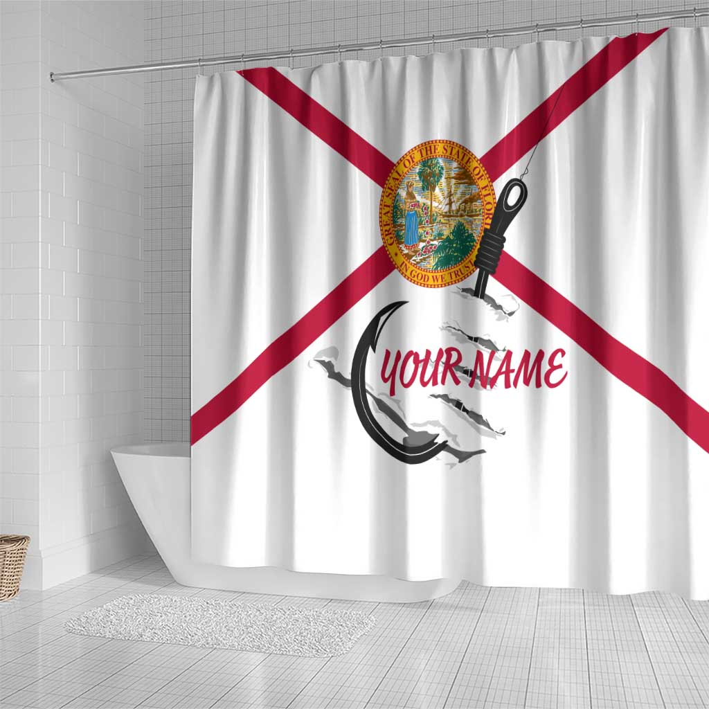 Flag Florida Fishing Shower Curtain Fish Hook Rip Detail and Custom Name Red Accent Design - Wonder Print Shop
