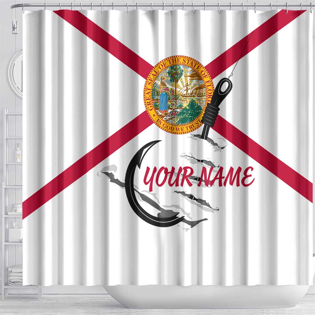 Flag Florida Fishing Shower Curtain Fish Hook Rip Detail and Custom Name Red Accent Design - Wonder Print Shop