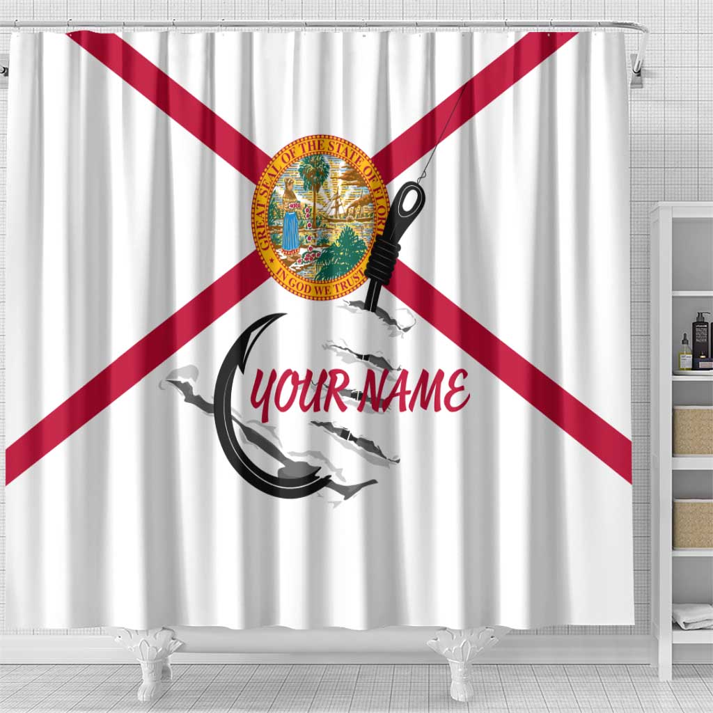 Flag Florida Fishing Shower Curtain Fish Hook Rip Detail and Custom Name Red Accent Design - Wonder Print Shop