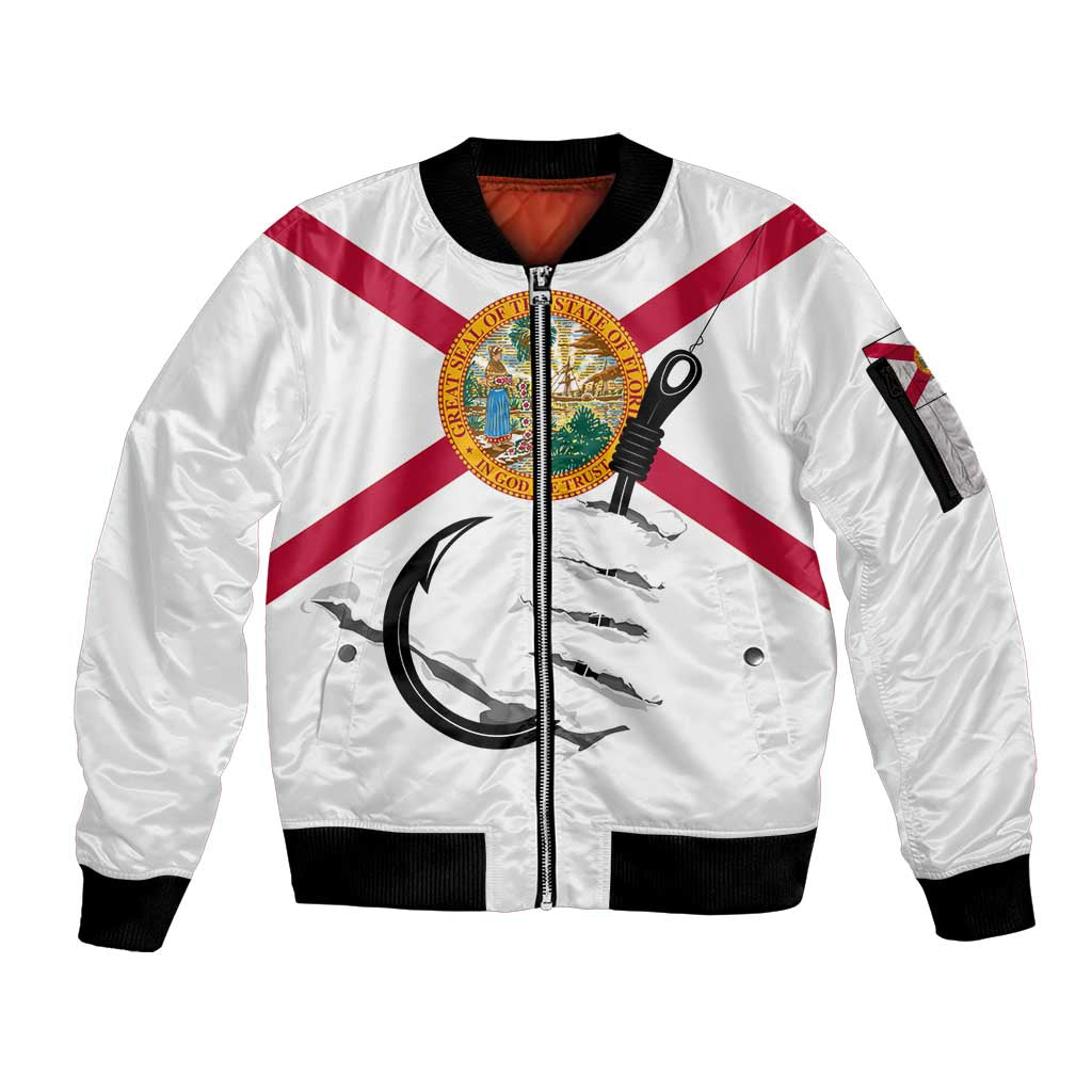 Flag Florida Fishing Sleeve Zip Bomber Jacket Fish Hook Rip Detail and Custom Name Red Accent Design - Wonder Print Shop