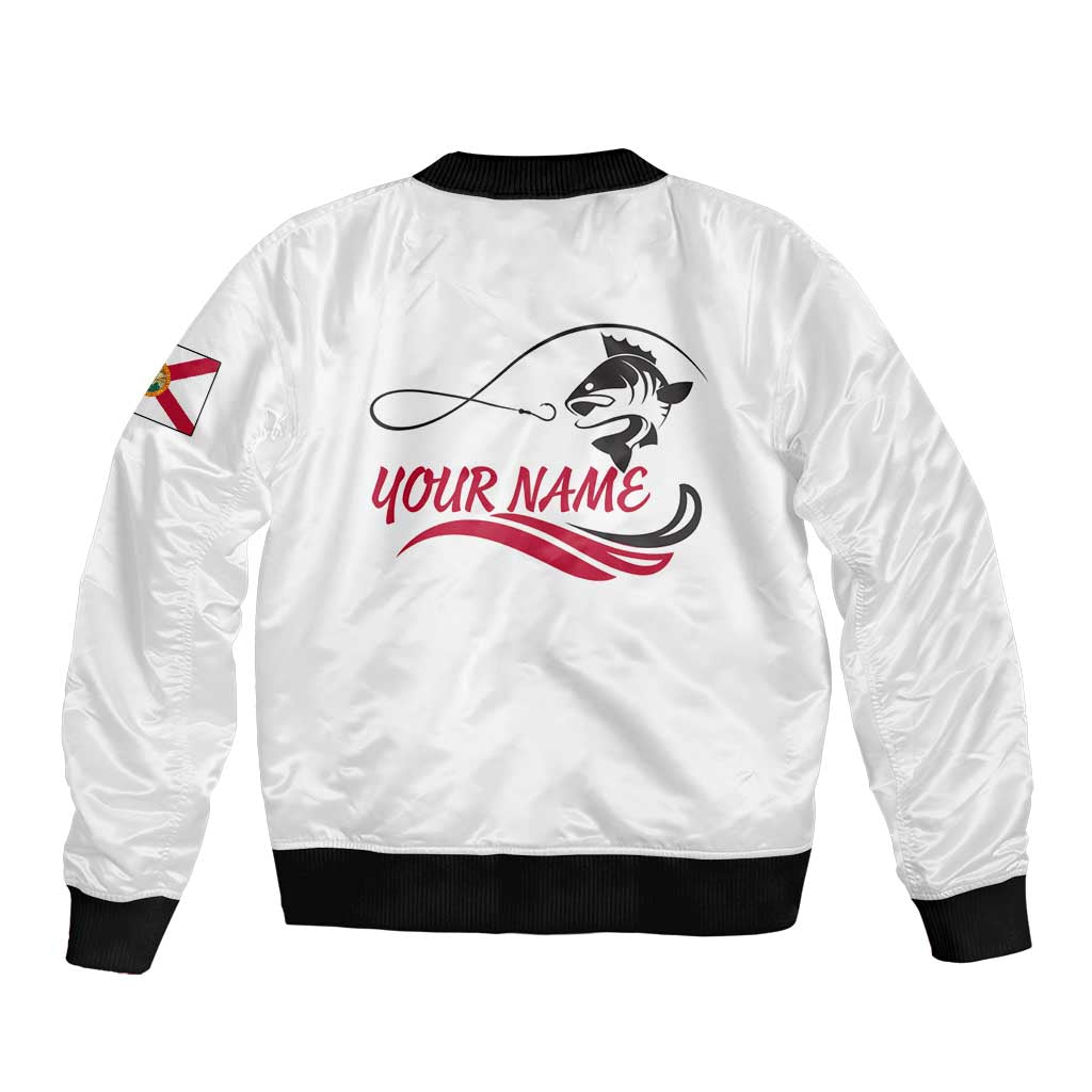 Flag Florida Fishing Sleeve Zip Bomber Jacket Fish Hook Rip Detail and Custom Name Red Accent Design - Wonder Print Shop
