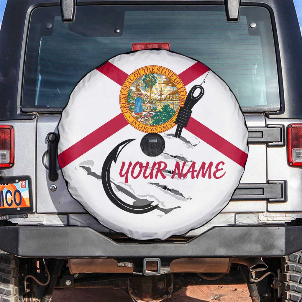 Flag Florida Fishing Spare Tire Cover Fish Hook Rip Detail and Custom Name Red Accent Design - Wonder Print Shop