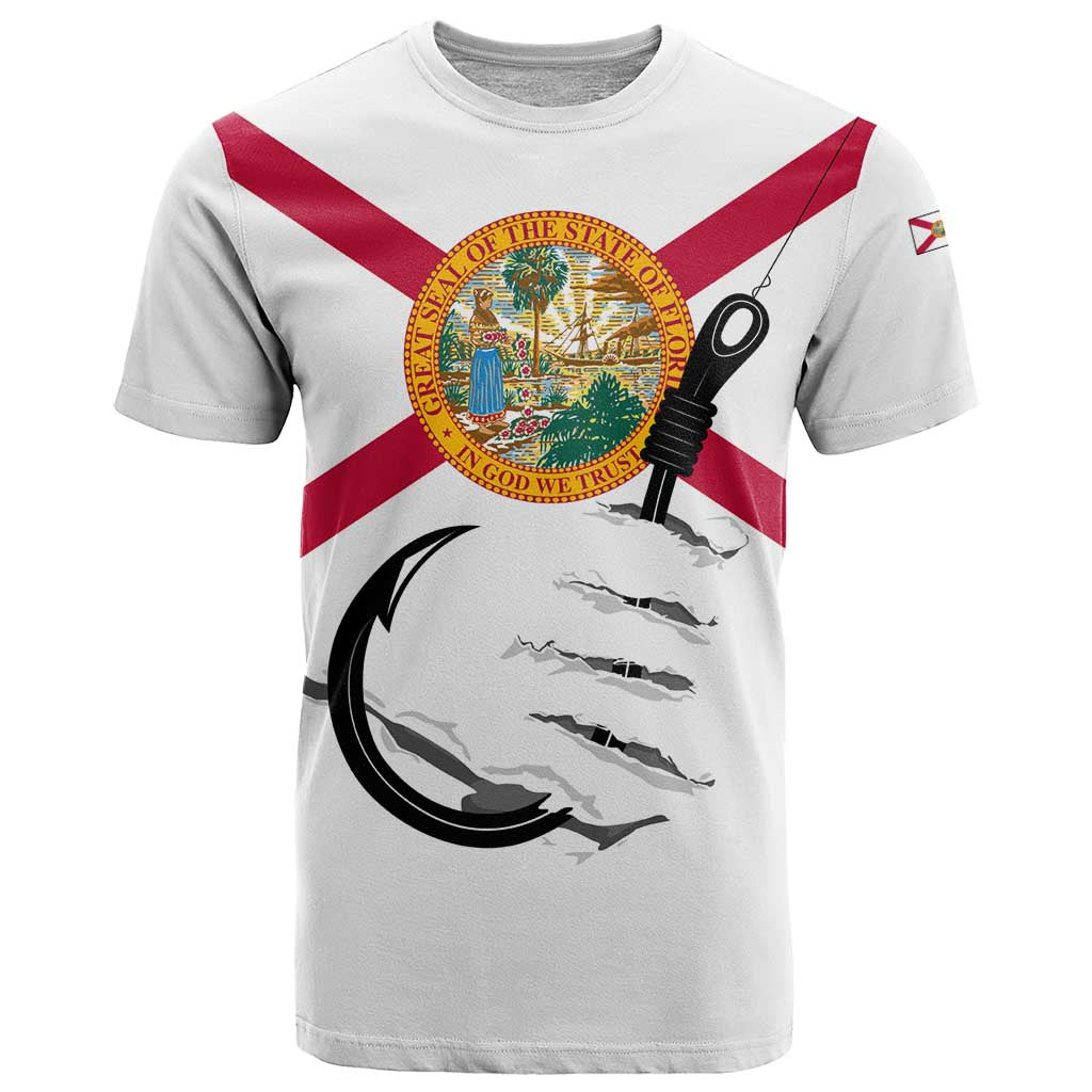 Flag Florida Fishing T Shirt Fish Hook Rip Detail and Custom Name Red Accent Design - Wonder Print Shop