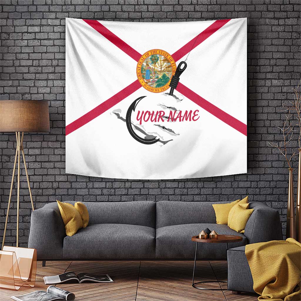 Flag Florida Fishing Tapestry Fish Hook Rip Detail and Custom Name Red Accent Design - Wonder Print Shop