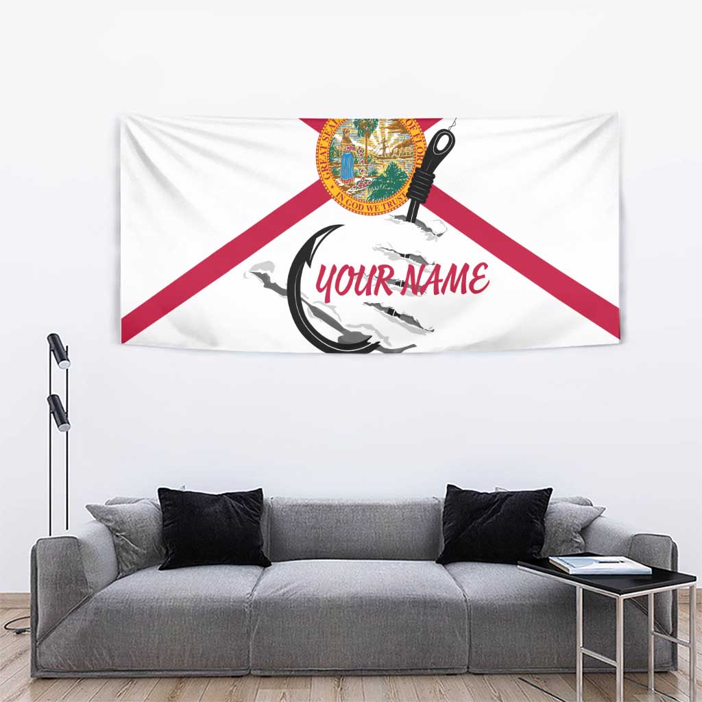 Flag Florida Fishing Tapestry Fish Hook Rip Detail and Custom Name Red Accent Design - Wonder Print Shop