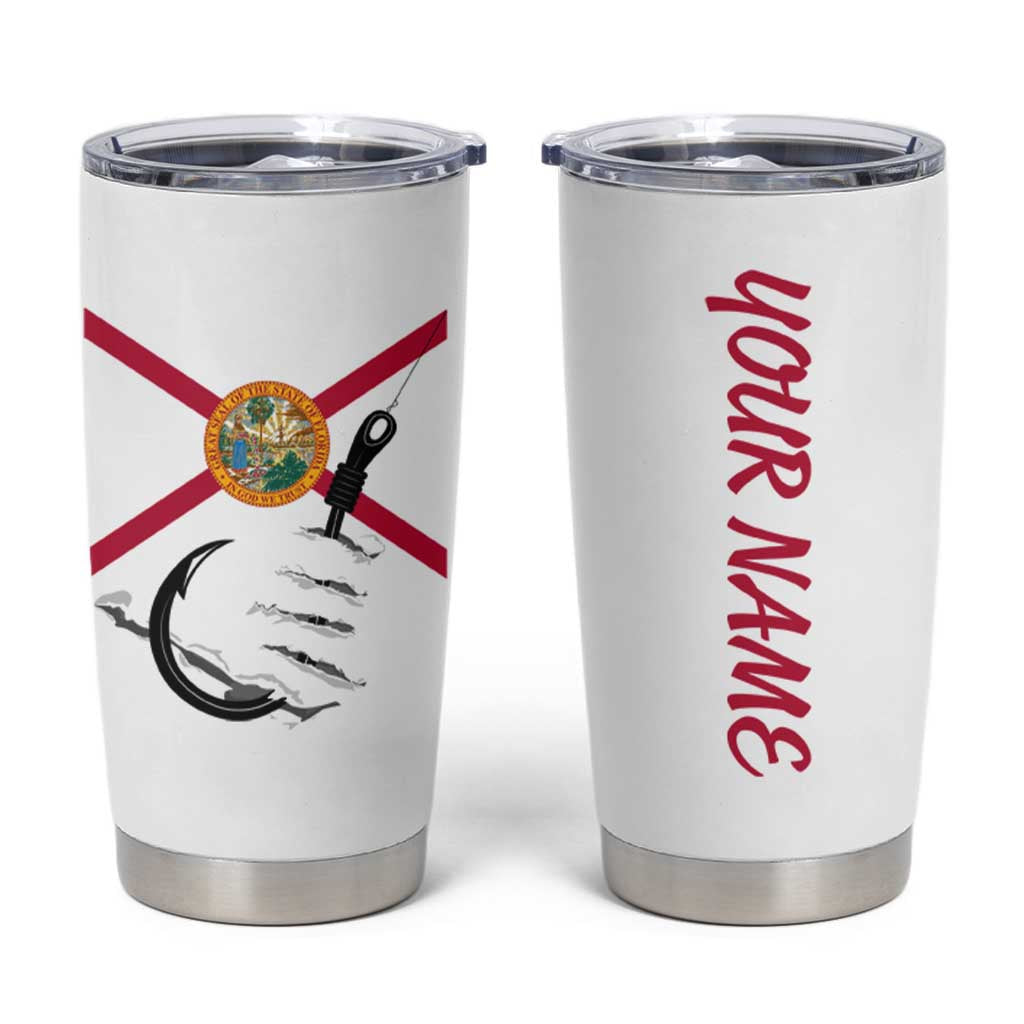 Flag Florida Fishing Tumbler Cup Fish Hook Rip Detail and Custom Name Red Accent Design - Wonder Print Shop