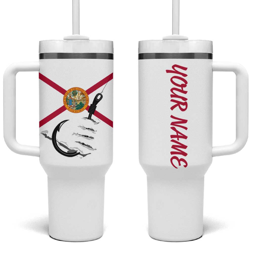 Flag Florida Fishing Tumbler With Handle Fish Hook Rip Detail and Custom Name Red Accent Design - Wonder Print Shop