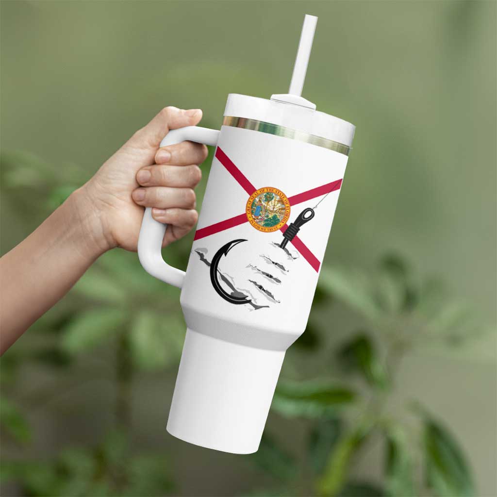 Flag Florida Fishing Tumbler With Handle Fish Hook Rip Detail and Custom Name Red Accent Design - Wonder Print Shop