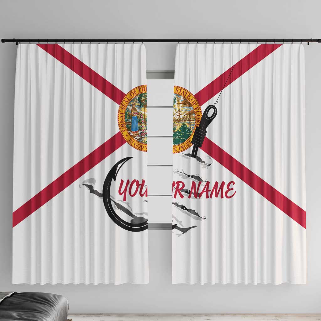 Flag Florida Fishing Window Curtain Fish Hook Rip Detail and Custom Name Red Accent Design - Wonder Print Shop