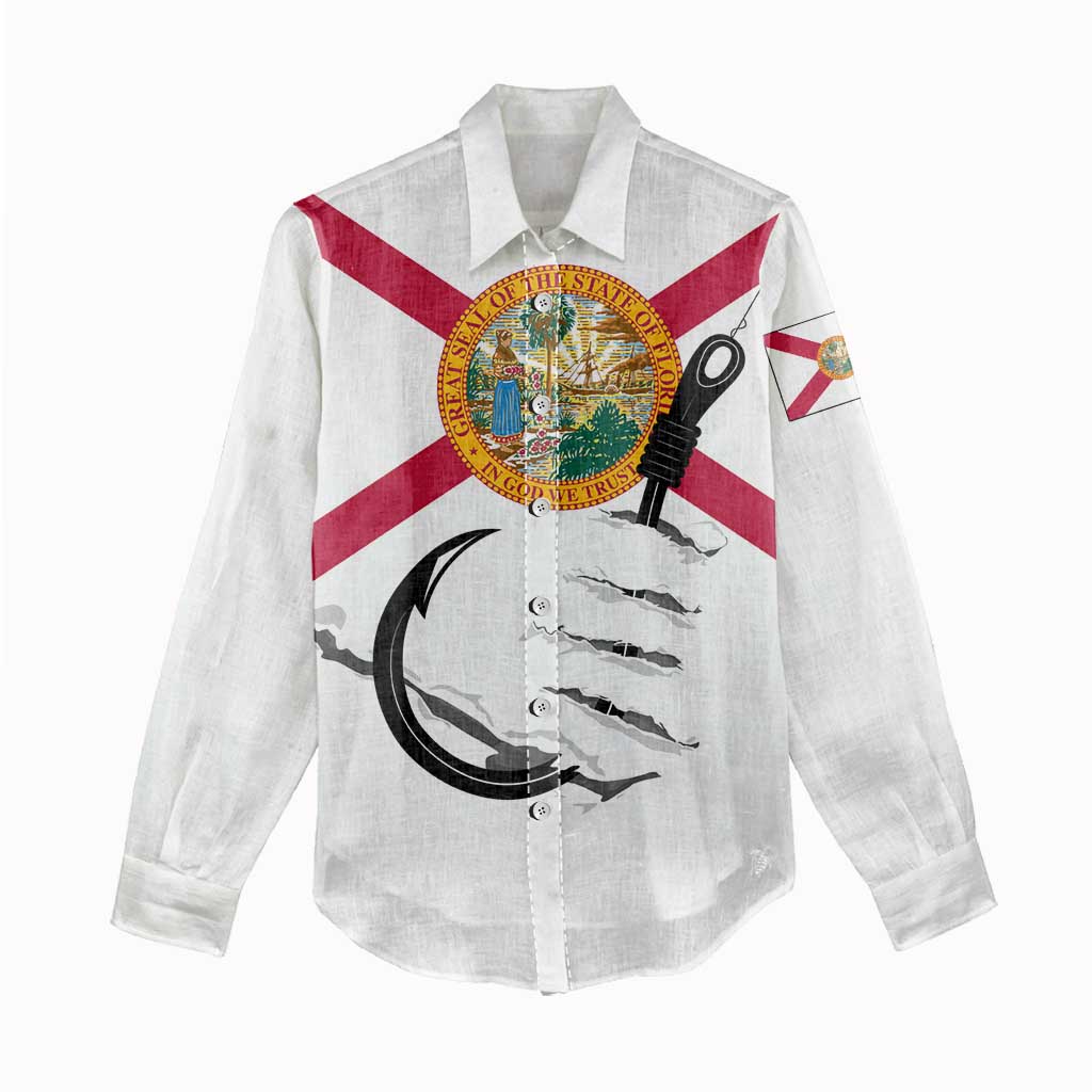 Flag Florida Fishing Women Casual Shirt Fish Hook Rip Detail and Custom Name Red Accent Design - Wonder Print Shop