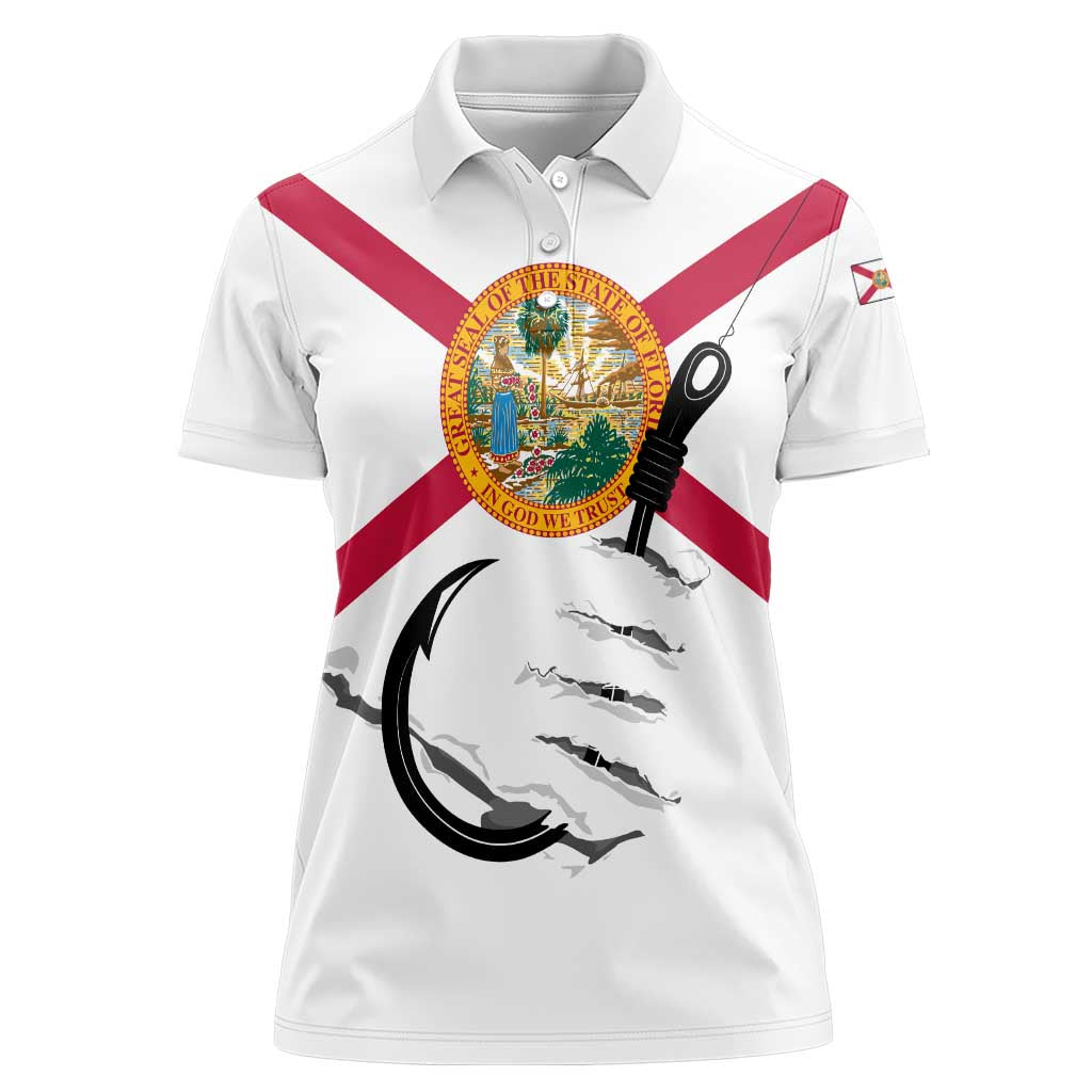 Flag Florida Fishing Women Polo Shirt Fish Hook Rip Detail and Custom Name Red Accent Design - Wonder Print Shop
