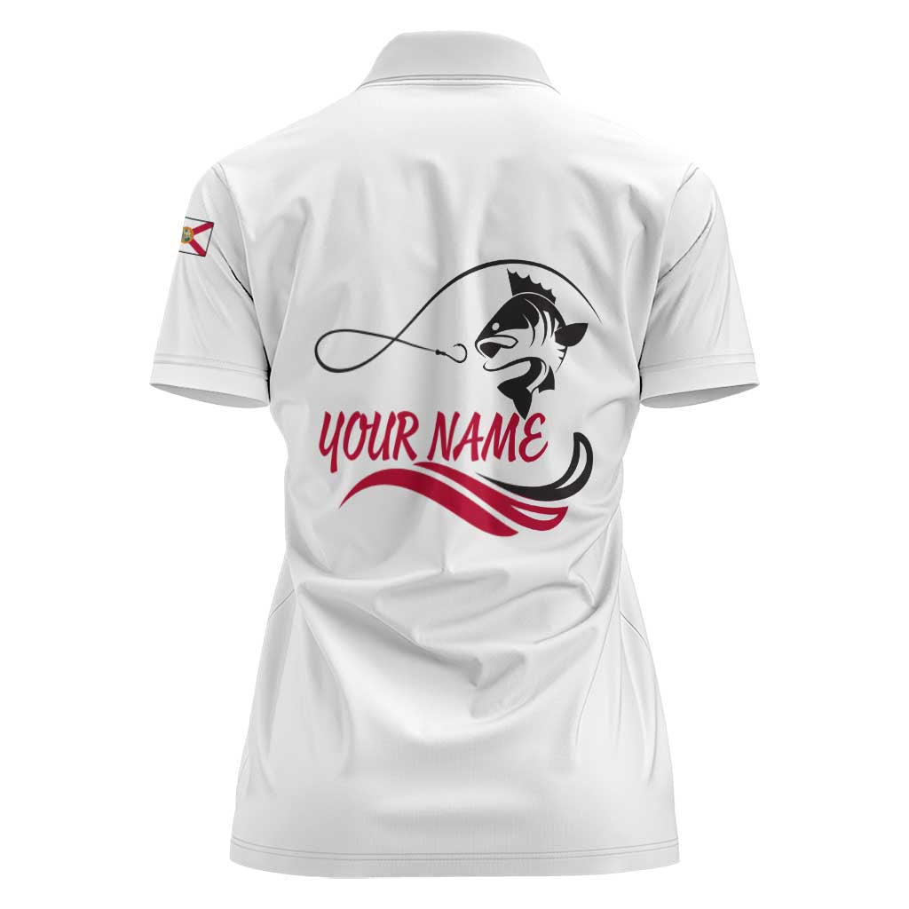 Flag Florida Fishing Women Polo Shirt Fish Hook Rip Detail and Custom Name Red Accent Design - Wonder Print Shop