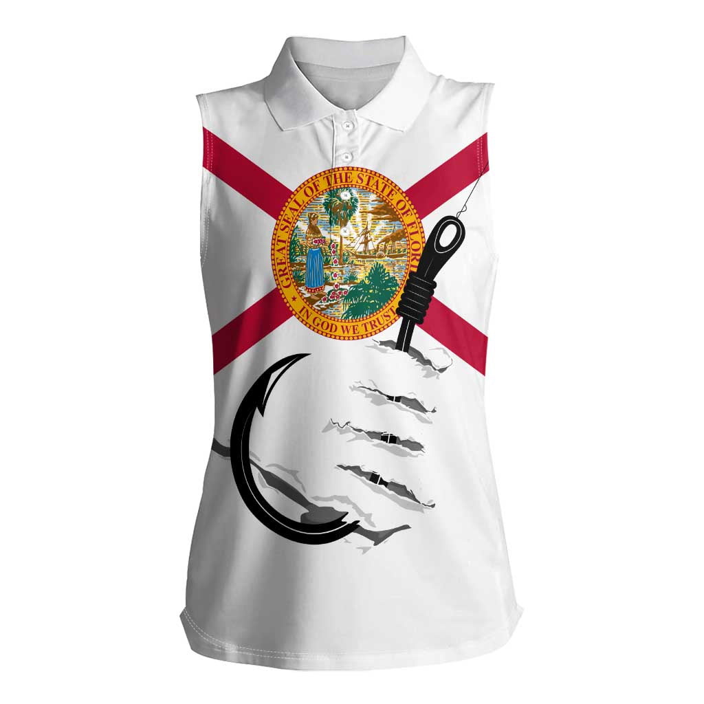 Flag Florida Fishing Women Sleeveless Polo Shirt Fish Hook Rip Detail and Custom Name Red Accent Design - Wonder Print Shop