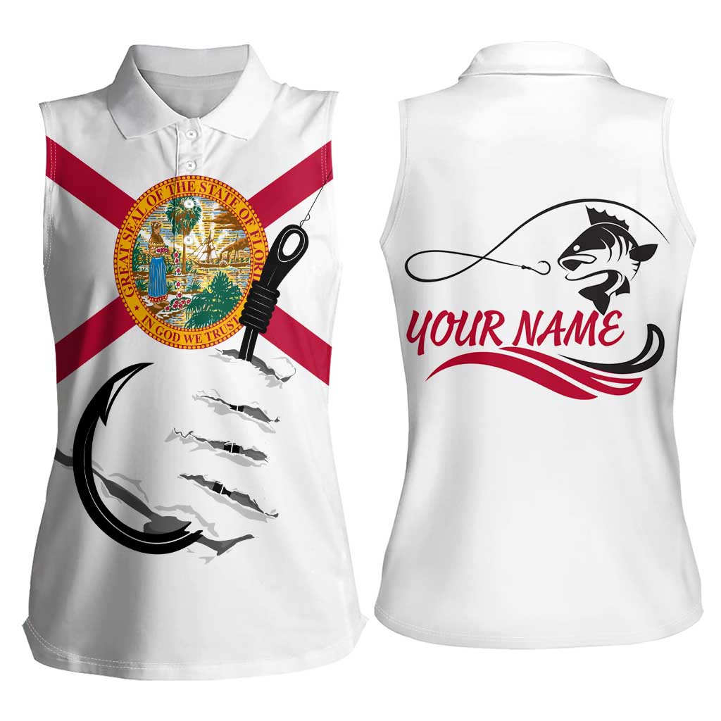 Flag Florida Fishing Women Sleeveless Polo Shirt Fish Hook Rip Detail and Custom Name Red Accent Design - Wonder Print Shop