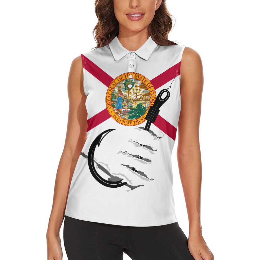 Flag Florida Fishing Women Sleeveless Polo Shirt Fish Hook Rip Detail and Custom Name Red Accent Design - Wonder Print Shop