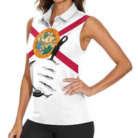 Flag Florida Fishing Women Sleeveless Polo Shirt Fish Hook Rip Detail and Custom Name Red Accent Design - Wonder Print Shop