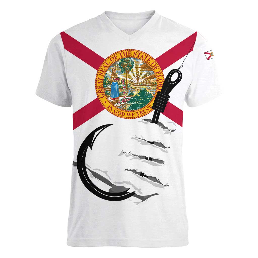 Flag Florida Fishing Women V-Neck T-Shirt Fish Hook Rip Detail and Custom Name Red Accent Design - Wonder Print Shop