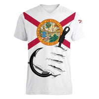 Flag Florida Fishing Women V-Neck T-Shirt Fish Hook Rip Detail and Custom Name Red Accent Design - Wonder Print Shop