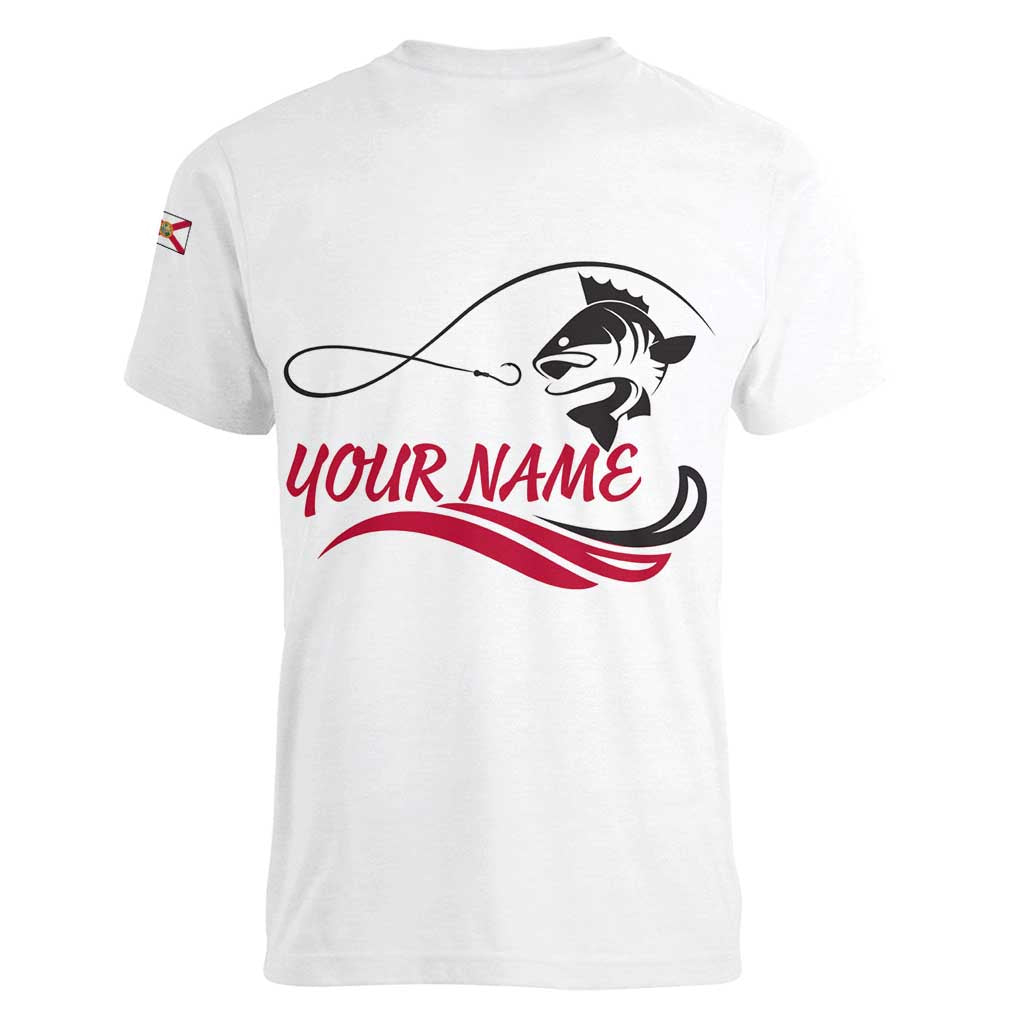 Flag Florida Fishing Women V-Neck T-Shirt Fish Hook Rip Detail and Custom Name Red Accent Design - Wonder Print Shop