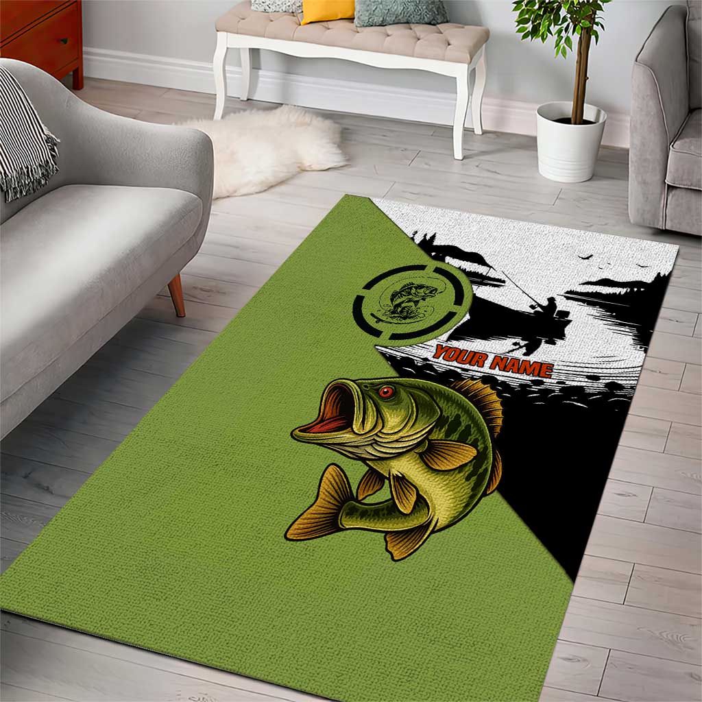 Largemouth Bass Fishing Area Rug Fish On Text and Boat Scene in Green and Black Custom Design - Wonder Print Shop