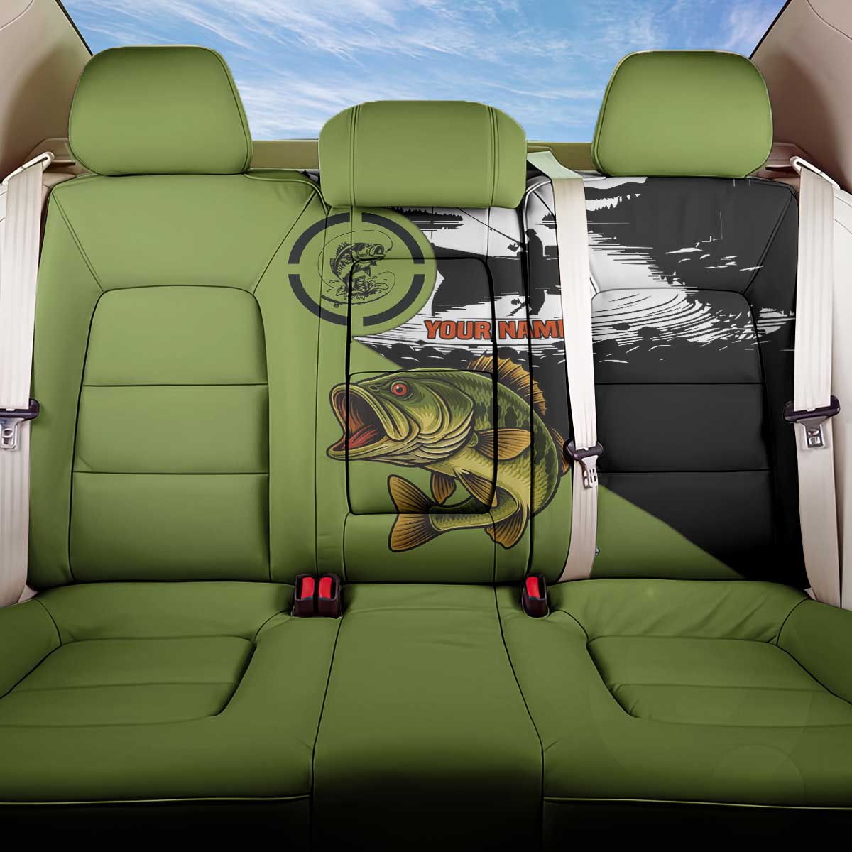 Largemouth Bass Fishing Back Car Seat Cover Fish On Text and Boat Scene in Green and Black Custom Design - Wonder Print Shop