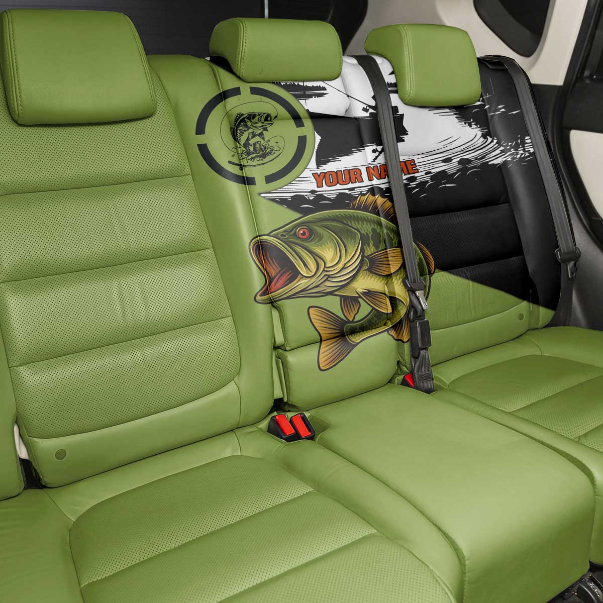 Largemouth Bass Fishing Back Car Seat Cover Fish On Text and Boat Scene in Green and Black Custom Design - Wonder Print Shop