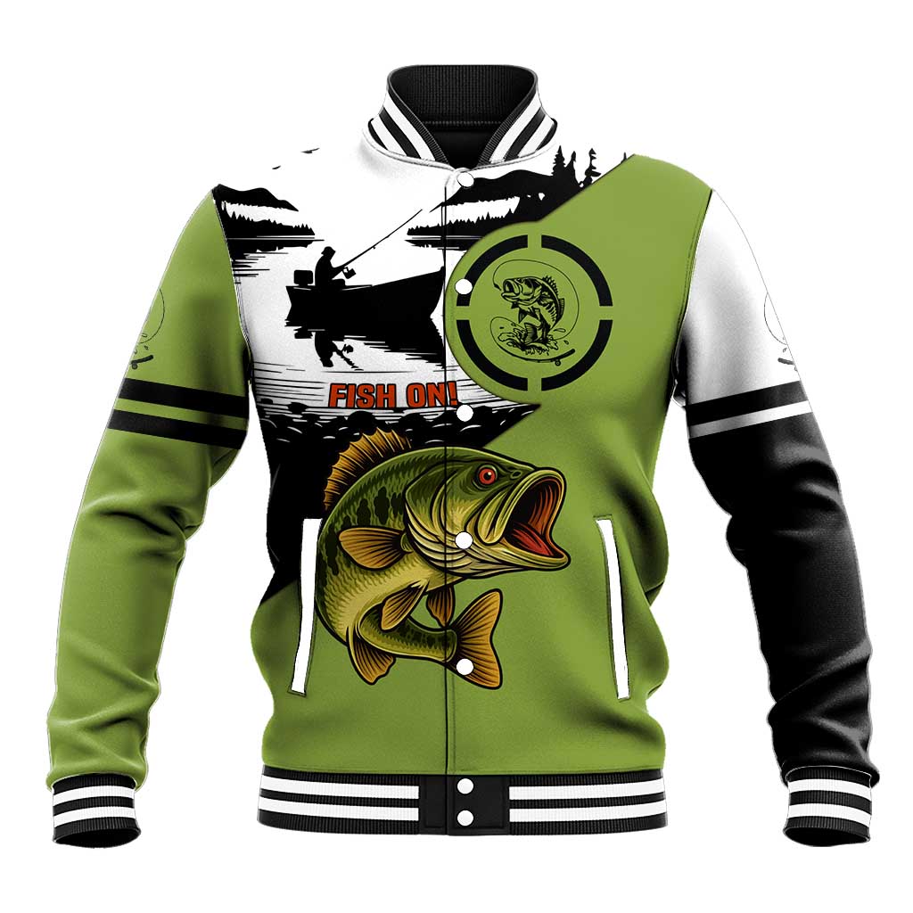 Largemouth Bass Fishing Baseball Jacket Fish On Text and Boat Scene in Green and Black Custom Design - Wonder Print Shop