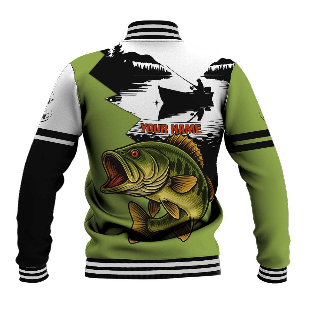 Largemouth Bass Fishing Baseball Jacket Fish On Text and Boat Scene in Green and Black Custom Design - Wonder Print Shop