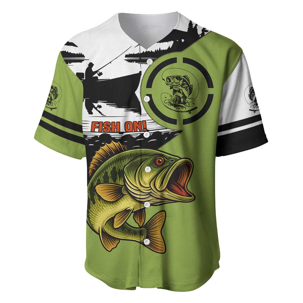 Largemouth Bass Fishing Baseball Jersey Fish On Text and Boat Scene in Green and Black Custom Design - Wonder Print Shop