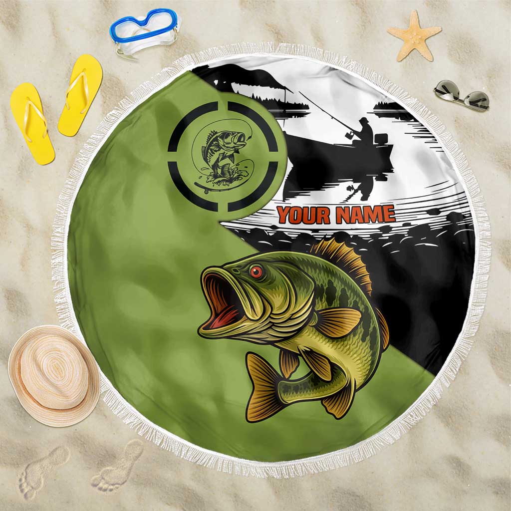 Largemouth Bass Fishing Beach Blanket Fish On Text and Boat Scene in Green and Black Custom Design - Wonder Print Shop