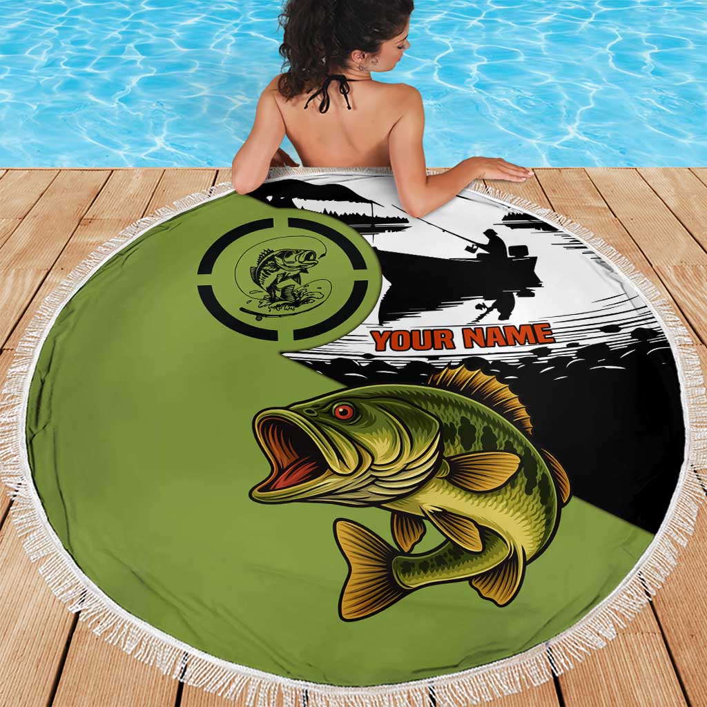 Largemouth Bass Fishing Beach Blanket Fish On Text and Boat Scene in Green and Black Custom Design - Wonder Print Shop