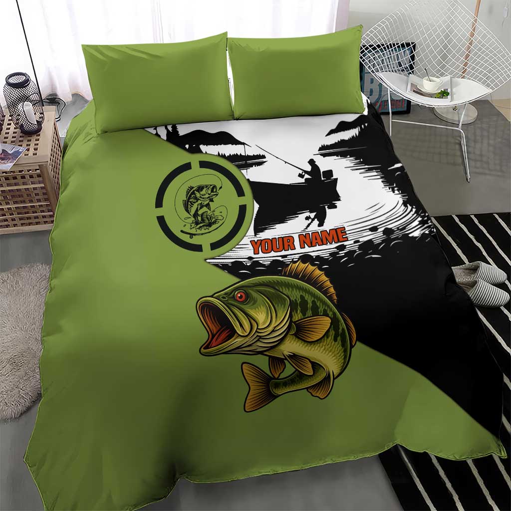 Largemouth Bass Fishing Bedding Set Fish On Text and Boat Scene in Green and Black Custom Design - Wonder Print Shop