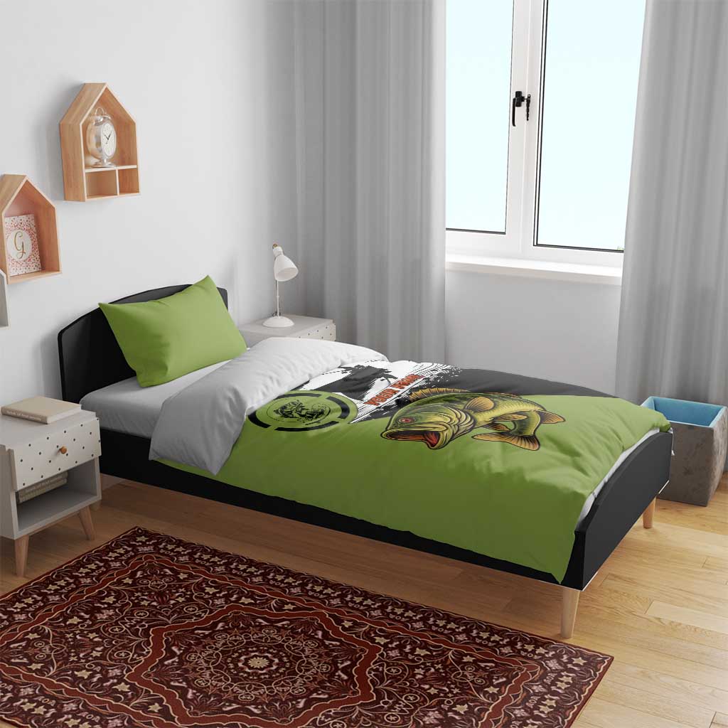 Largemouth Bass Fishing Bedding Set Fish On Text and Boat Scene in Green and Black Custom Design - Wonder Print Shop